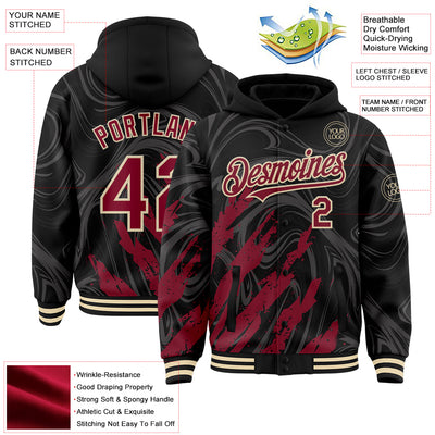 Custom Black Crimson-Cream Splash Bomber Full-Snap Varsity Letterman Hoodie Jacket