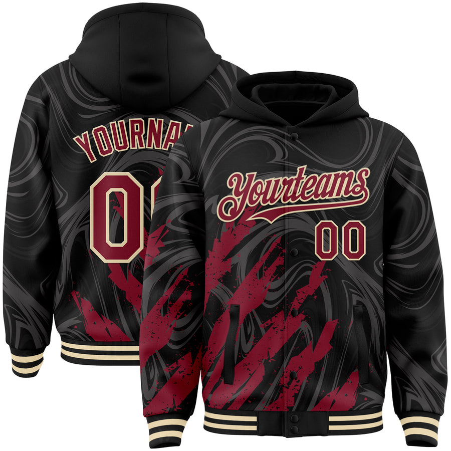 Custom Black Crimson-Cream Splash Bomber Full-Snap Varsity Letterman Hoodie Jacket