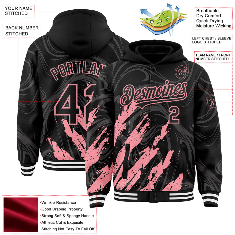 Custom Black Medium Pink-White Splash Bomber Full-Snap Varsity Letterman Hoodie Jacket
