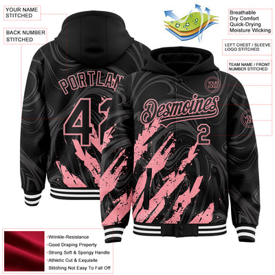 Custom Black Medium Pink-White Splash Bomber Full-Snap Varsity Letterman Hoodie Jacket