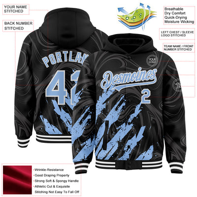 Custom Black Light Blue-White Splash Bomber Full-Snap Varsity Letterman Hoodie Jacket