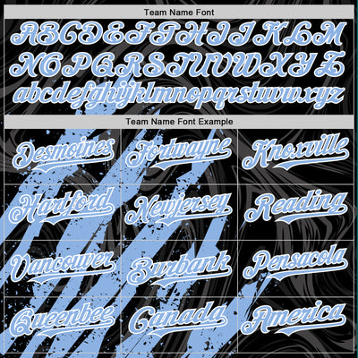 Custom Black Light Blue-White Splash Bomber Full-Snap Varsity Letterman Hoodie Jacket