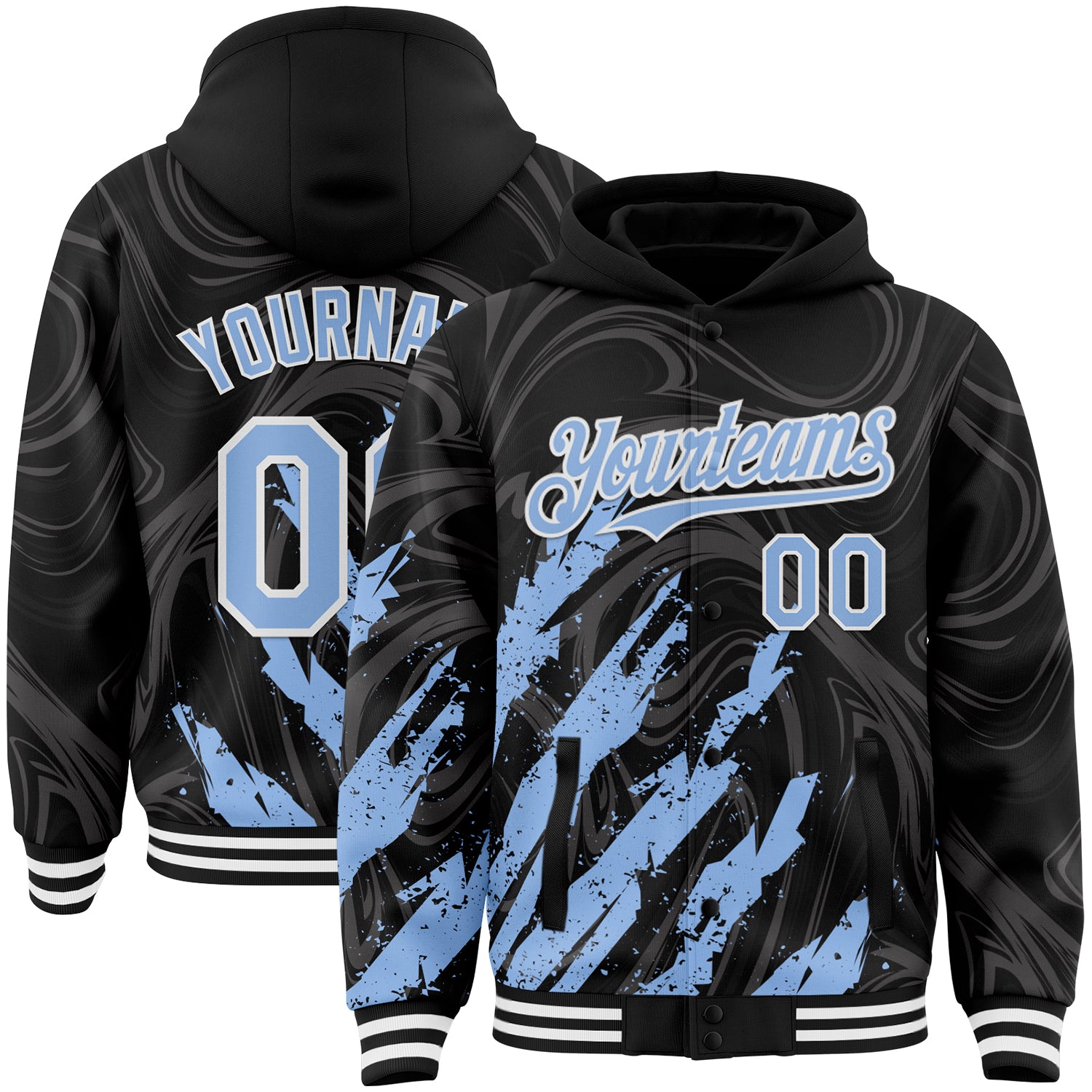 Custom Black Light Blue-White Splash Bomber Full-Snap Varsity Letterman Hoodie Jacket