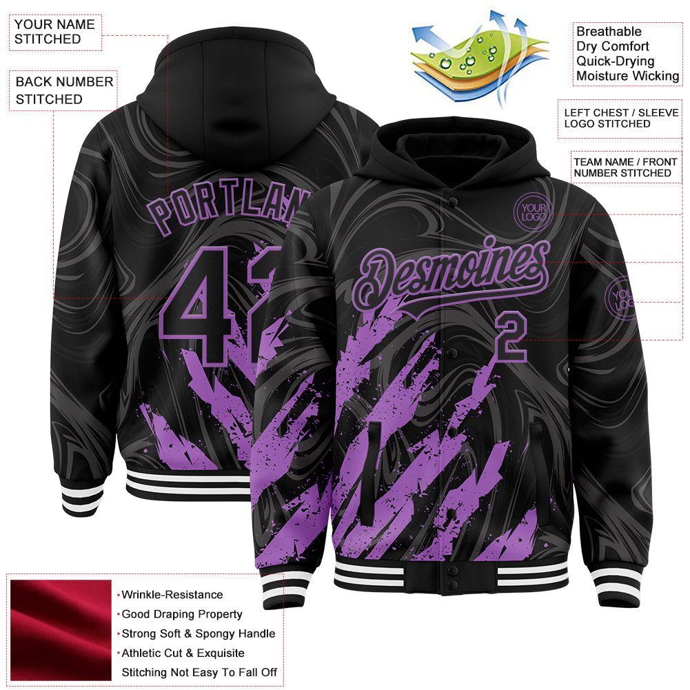 Custom Black Medium Purple-White Splash Bomber Full-Snap Varsity Letterman Hoodie Jacket
