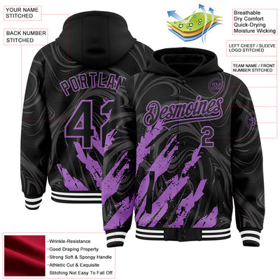 Custom Black Medium Purple-White Splash Bomber Full-Snap Varsity Letterman Hoodie Jacket