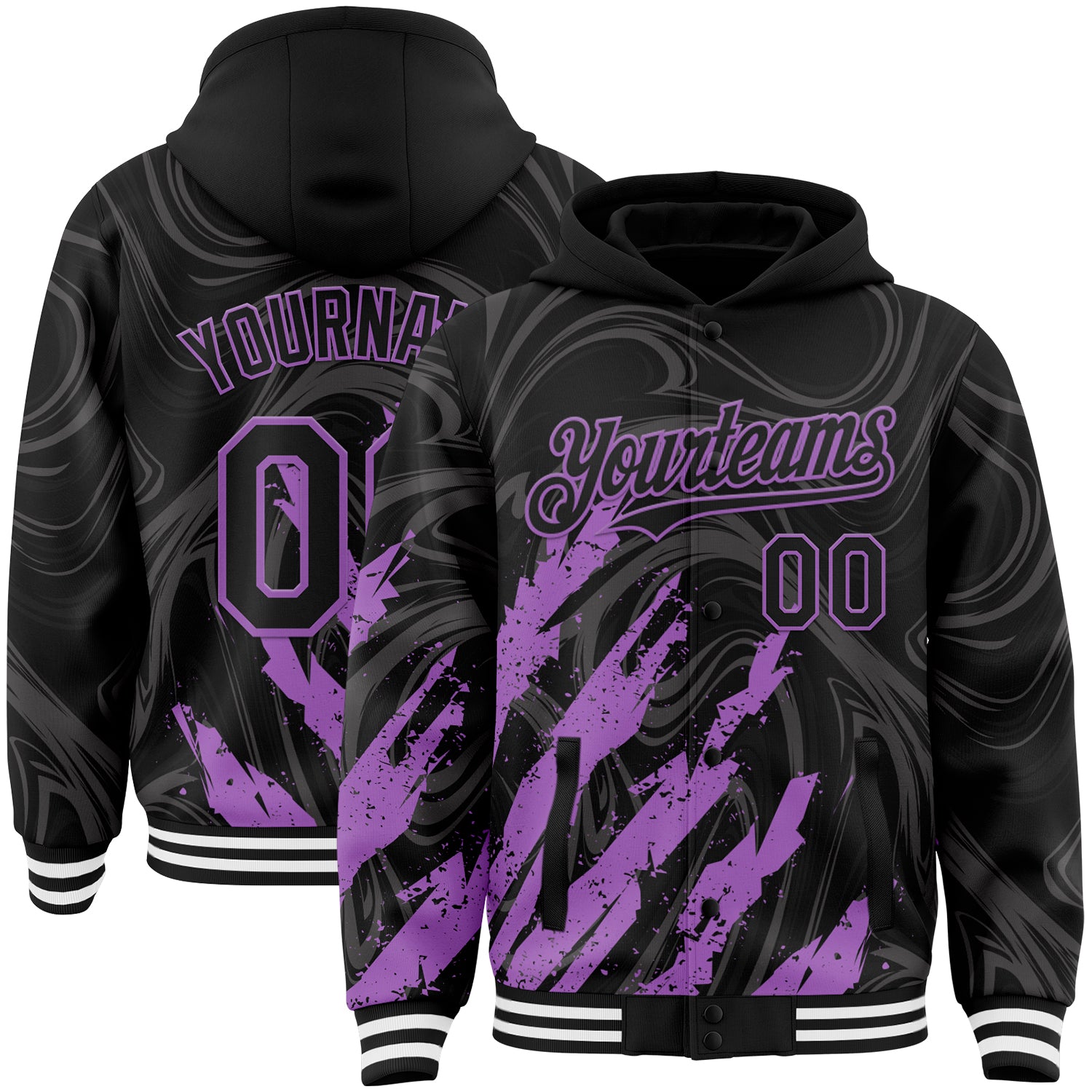 Custom Black Medium Purple-White Splash Bomber Full-Snap Varsity Letterman Hoodie Jacket