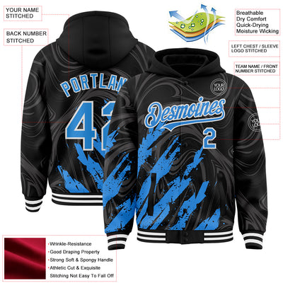 Custom Black Powder Blue-White Splash Bomber Full-Snap Varsity Letterman Hoodie Jacket
