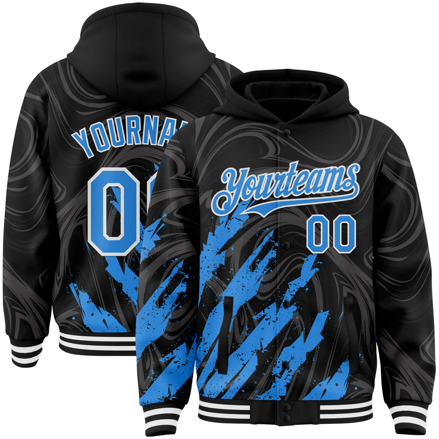 Custom Black Powder Blue-White Splash Bomber Full-Snap Varsity Letterman Hoodie Jacket