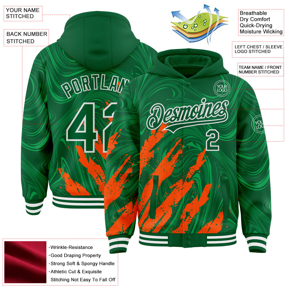 Custom Kelly Green Orange-White Splash Bomber Full-Snap Varsity Letterman Hoodie Jacket