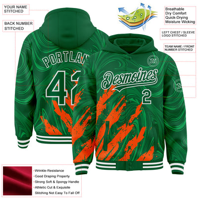 Custom Kelly Green Orange-White Splash Bomber Full-Snap Varsity Letterman Hoodie Jacket