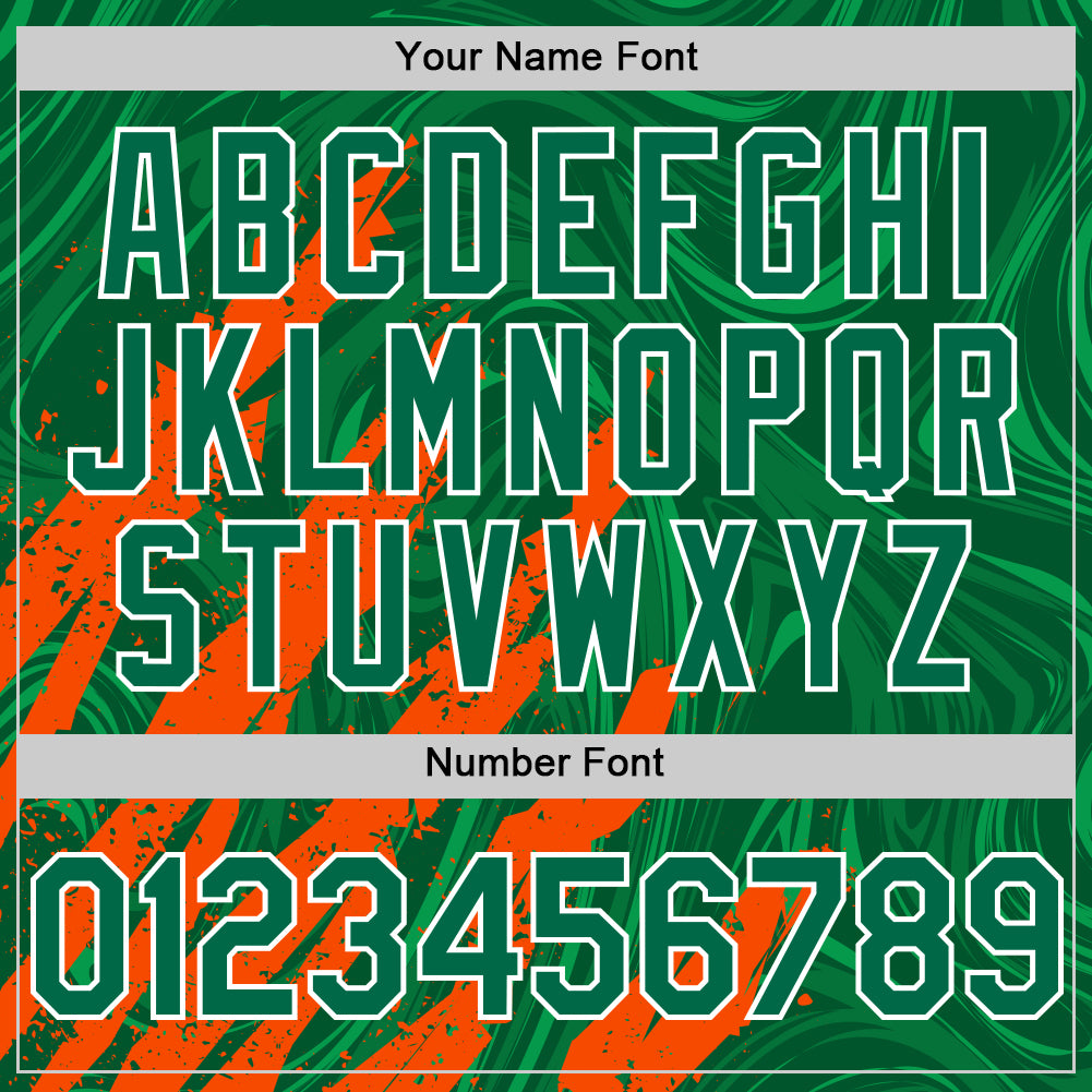 Custom Kelly Green Orange-White Splash Bomber Full-Snap Varsity Letterman Hoodie Jacket