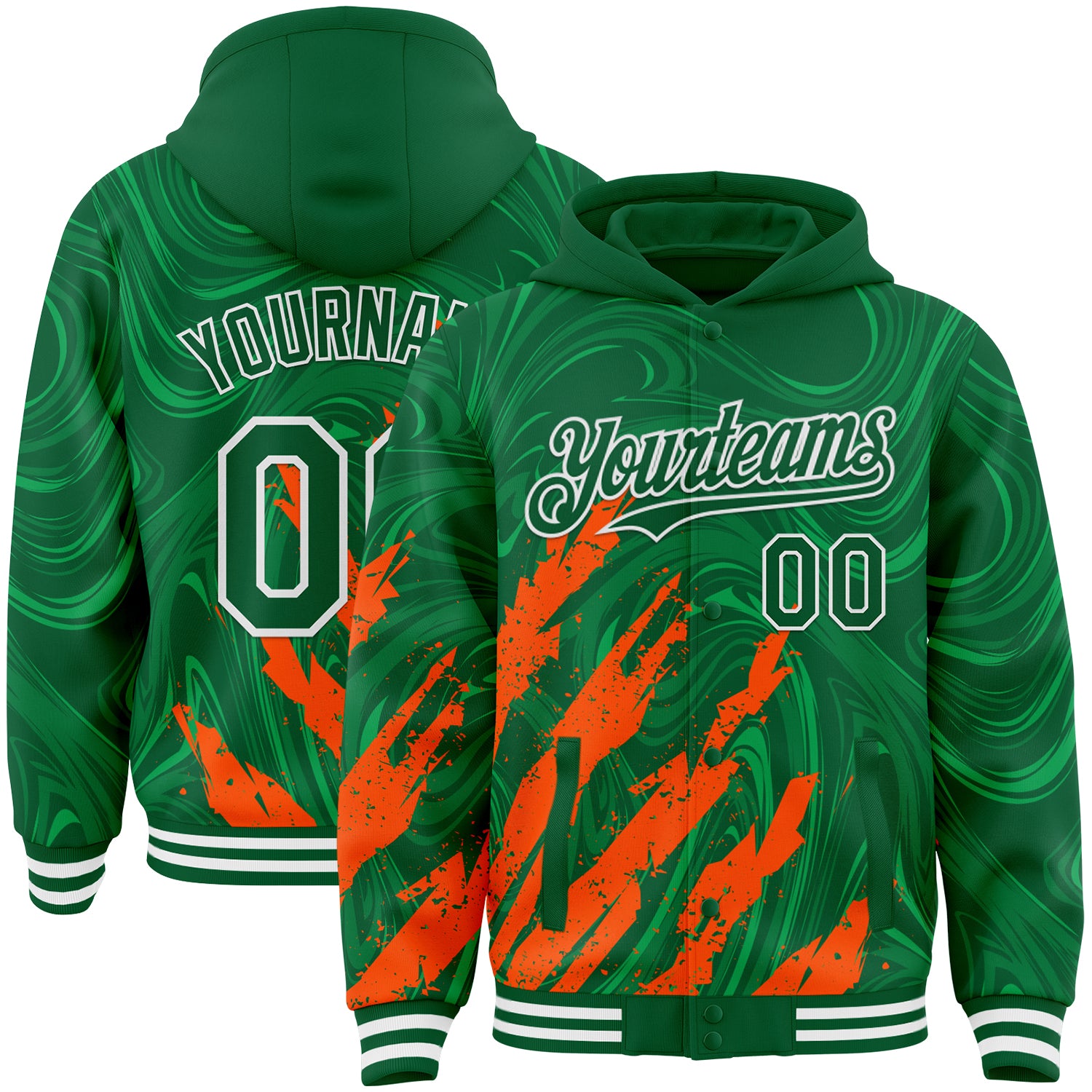 Custom Kelly Green Orange-White Splash Bomber Full-Snap Varsity Letterman Hoodie Jacket