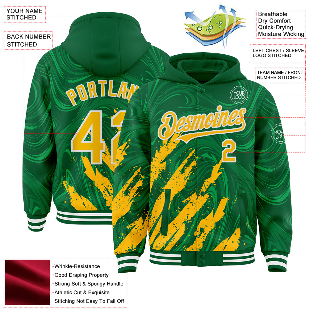 Custom Kelly Green Gold-White Splash Bomber Full-Snap Varsity Letterman Hoodie Jacket