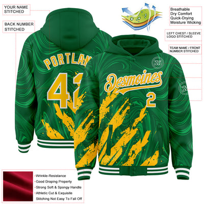 Custom Kelly Green Gold-White Splash Bomber Full-Snap Varsity Letterman Hoodie Jacket