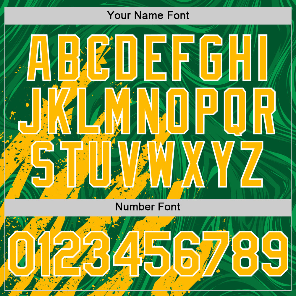 Custom Kelly Green Gold-White Splash Bomber Full-Snap Varsity Letterman Hoodie Jacket