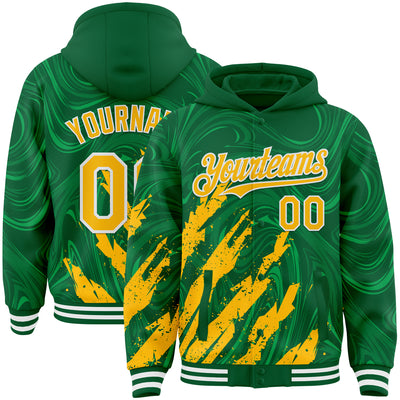 Custom Kelly Green Gold-White Splash Bomber Full-Snap Varsity Letterman Hoodie Jacket