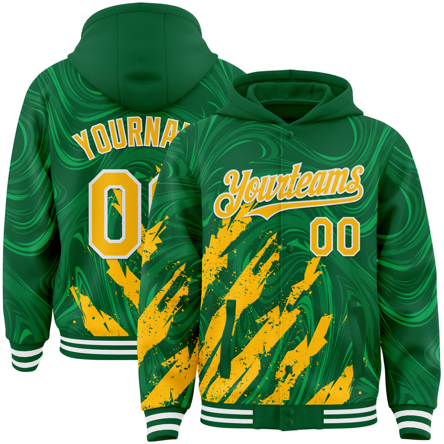 Custom Kelly Green Gold-White Splash Bomber Full-Snap Varsity Letterman Hoodie Jacket