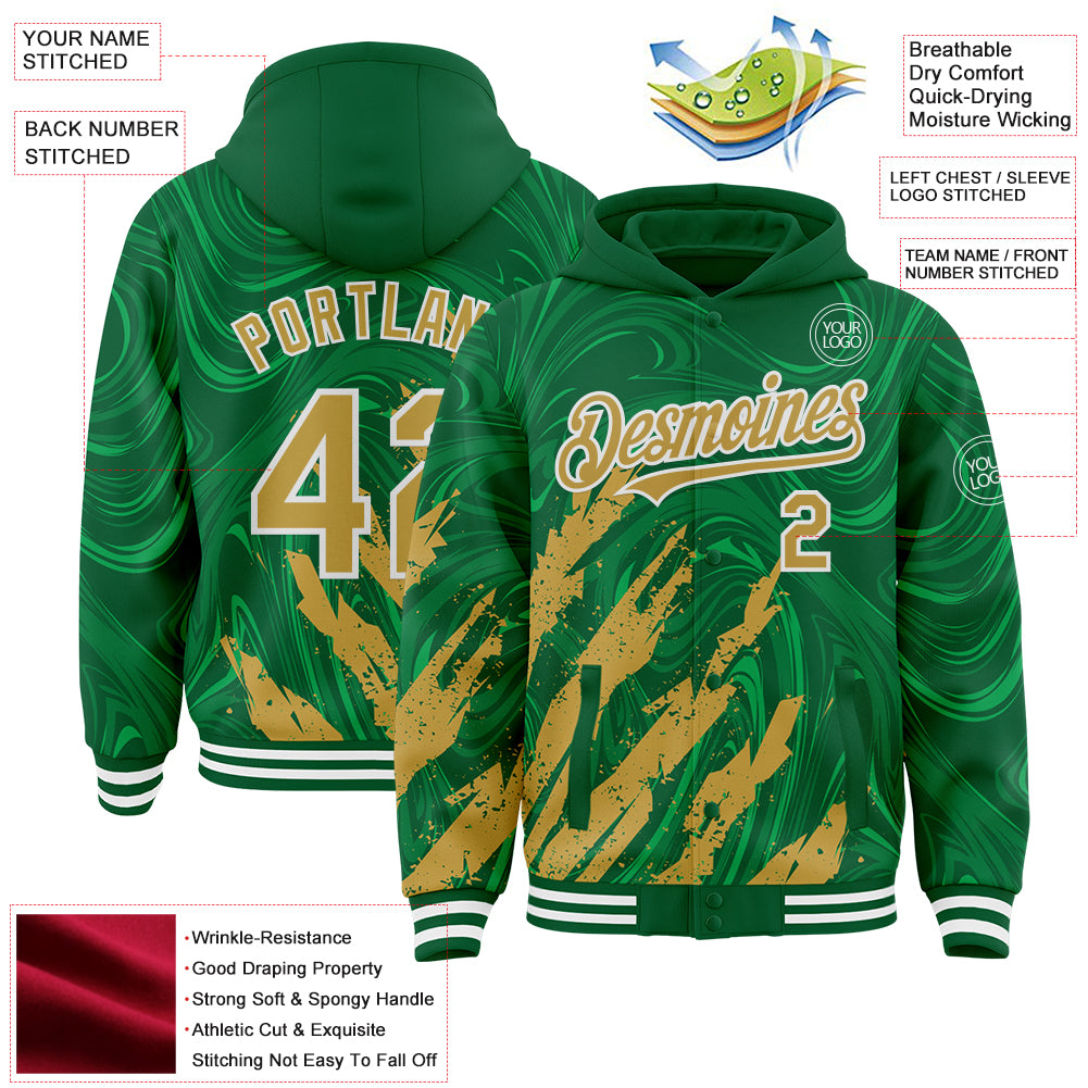 Custom Kelly Green Old Gold-White Splash Bomber Full-Snap Varsity Letterman Hoodie Jacket