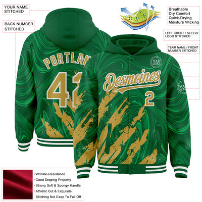 Custom Kelly Green Old Gold-White Splash Bomber Full-Snap Varsity Letterman Hoodie Jacket