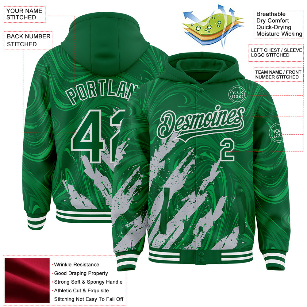 Custom Kelly Green Gray-White Splash Bomber Full-Snap Varsity Letterman Hoodie Jacket
