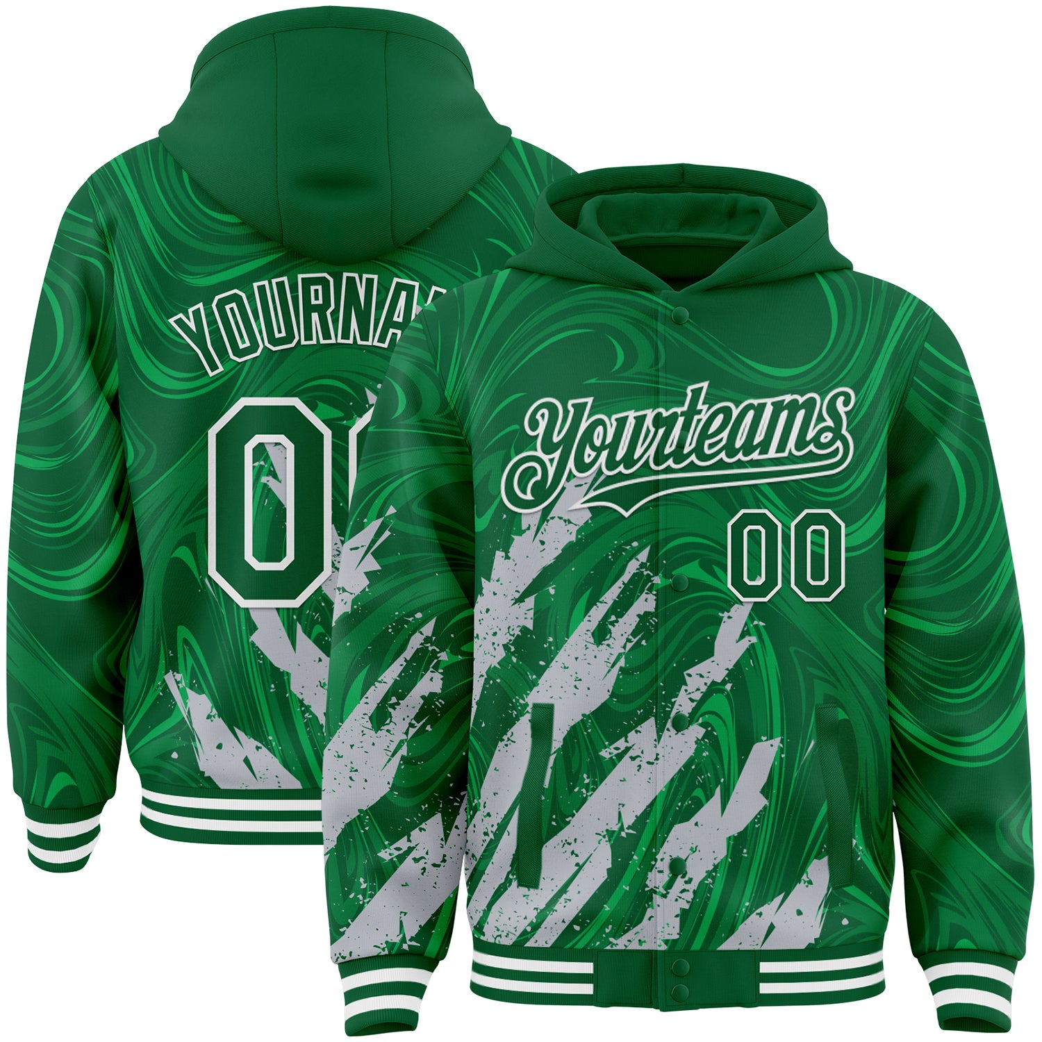 Custom Kelly Green Gray-White Splash Bomber Full-Snap Varsity Letterman Hoodie Jacket