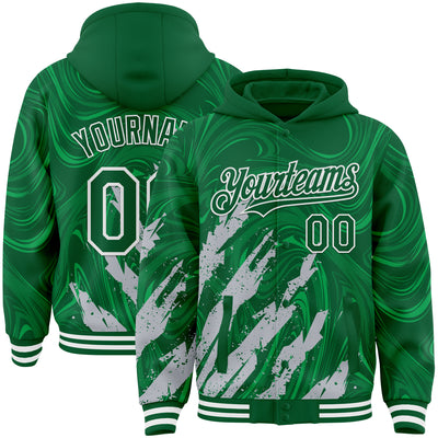 Custom Kelly Green Gray-White Splash Bomber Full-Snap Varsity Letterman Hoodie Jacket