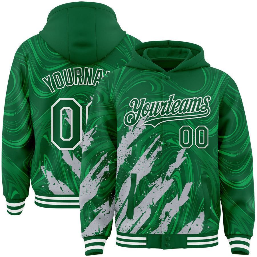Custom Kelly Green Gray-White Splash Bomber Full-Snap Varsity Letterman Hoodie Jacket