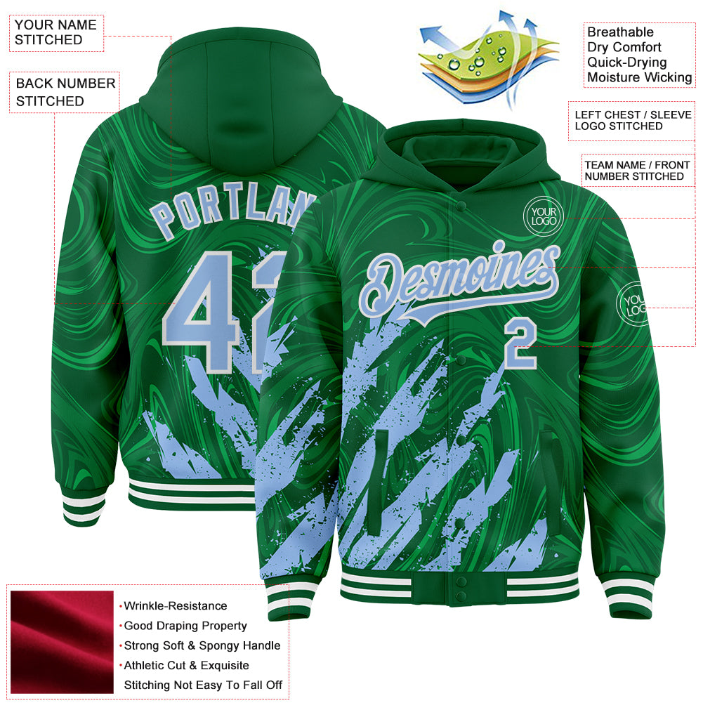 Custom Kelly Green Light Blue-White Splash Bomber Full-Snap Varsity Letterman Hoodie Jacket