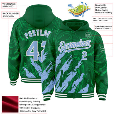 Custom Kelly Green Light Blue-White Splash Bomber Full-Snap Varsity Letterman Hoodie Jacket