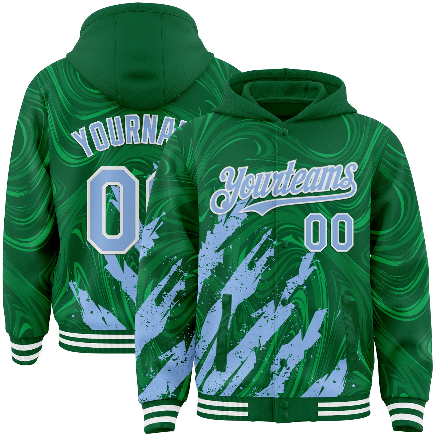 Custom Kelly Green Light Blue-White Splash Bomber Full-Snap Varsity Letterman Hoodie Jacket