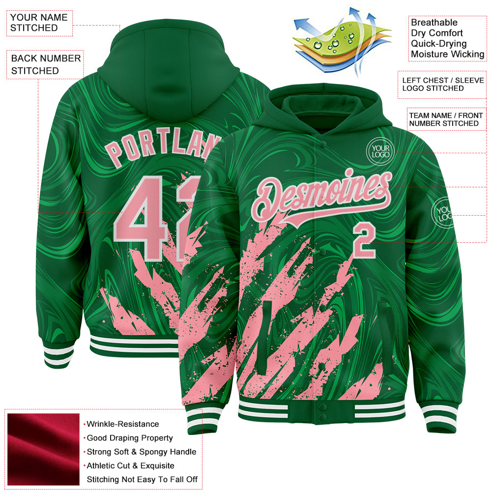 Custom Kelly Green Medium Pink-White Splash Bomber Full-Snap Varsity Letterman Hoodie Jacket