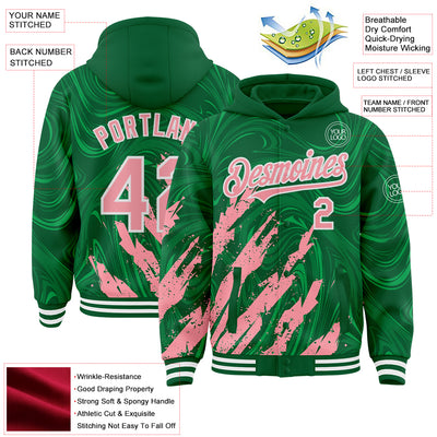 Custom Kelly Green Medium Pink-White Splash Bomber Full-Snap Varsity Letterman Hoodie Jacket