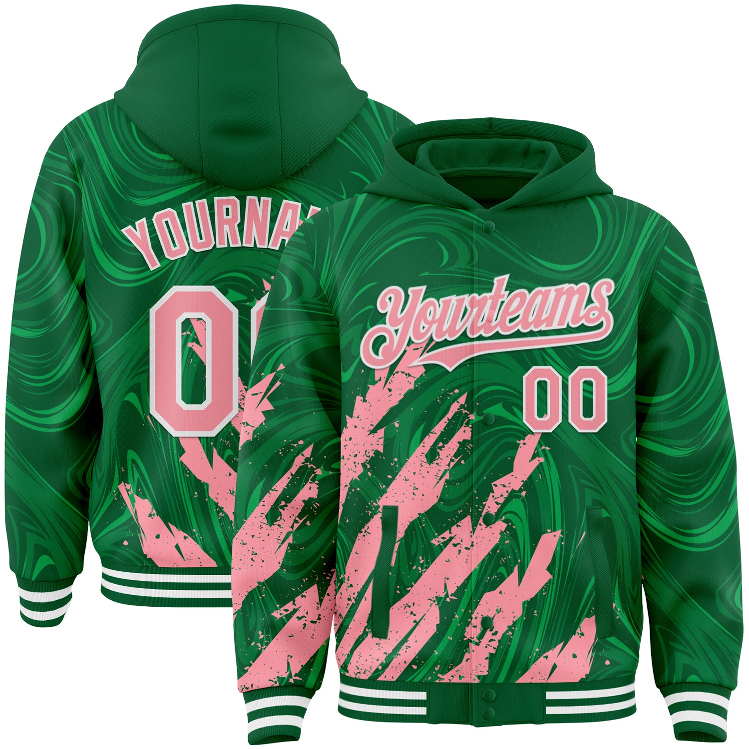 Custom Kelly Green Medium Pink-White Splash Bomber Full-Snap Varsity Letterman Hoodie Jacket