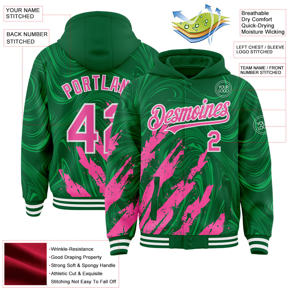 Custom Kelly Green Pink-White Splash Bomber Full-Snap Varsity Letterman Hoodie Jacket