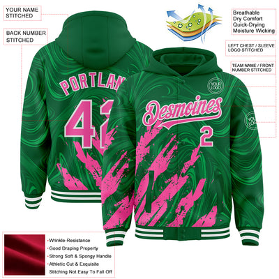 Custom Kelly Green Pink-White Splash Bomber Full-Snap Varsity Letterman Hoodie Jacket