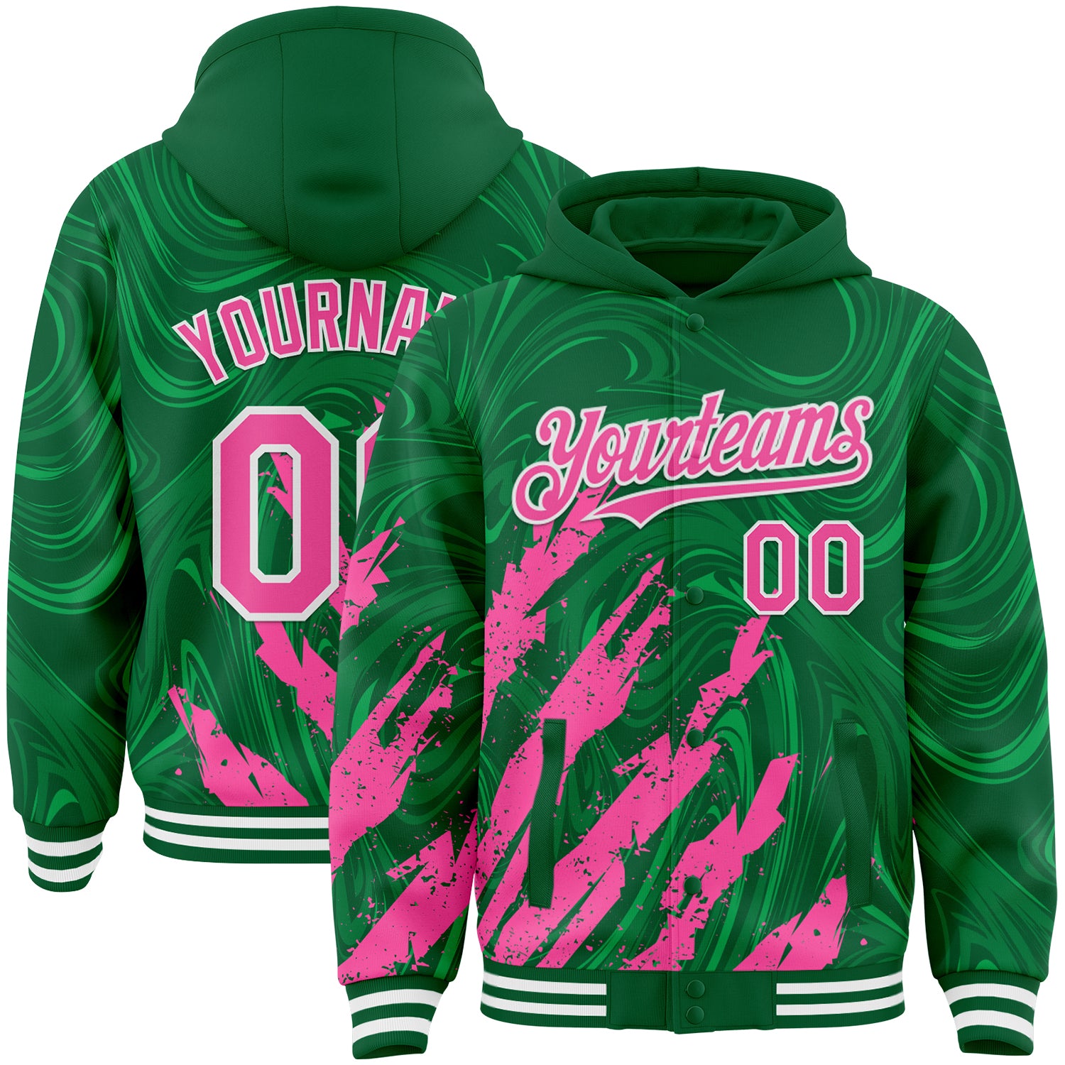 Custom Kelly Green Pink-White Splash Bomber Full-Snap Varsity Letterman Hoodie Jacket