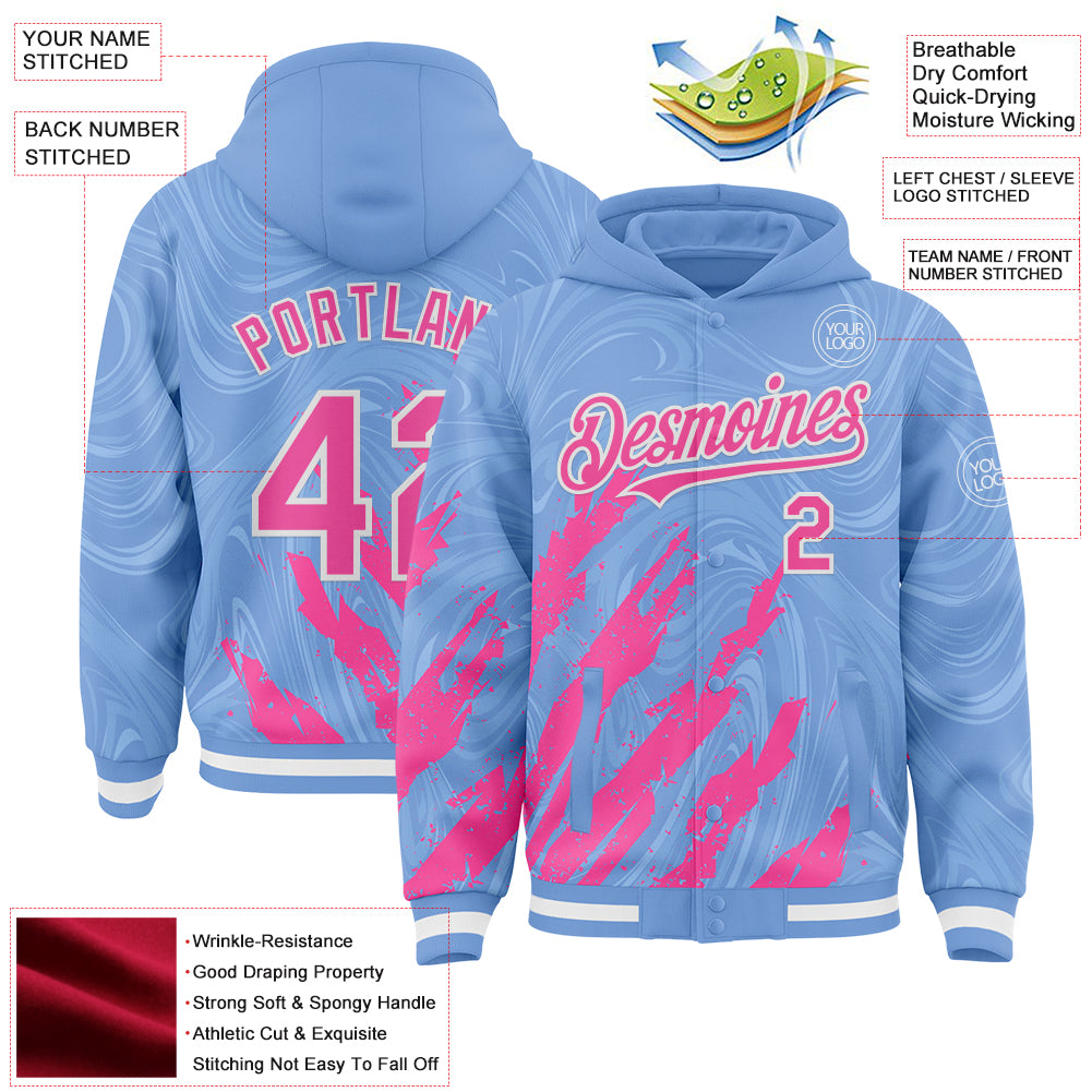Custom Light Blue Pink-White Splash Bomber Full-Snap Varsity Letterman Hoodie Jacket