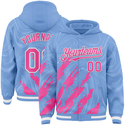 Custom Light Blue Pink-White Splash Bomber Full-Snap Varsity Letterman Hoodie Jacket