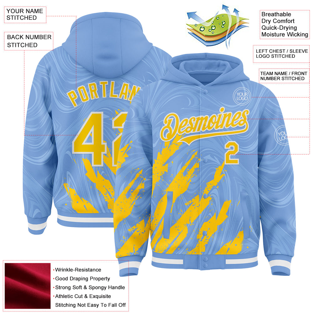 Custom Light Blue Yellow-White Splash Bomber Full-Snap Varsity Letterman Hoodie Jacket