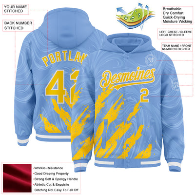 Custom Light Blue Yellow-White Splash Bomber Full-Snap Varsity Letterman Hoodie Jacket