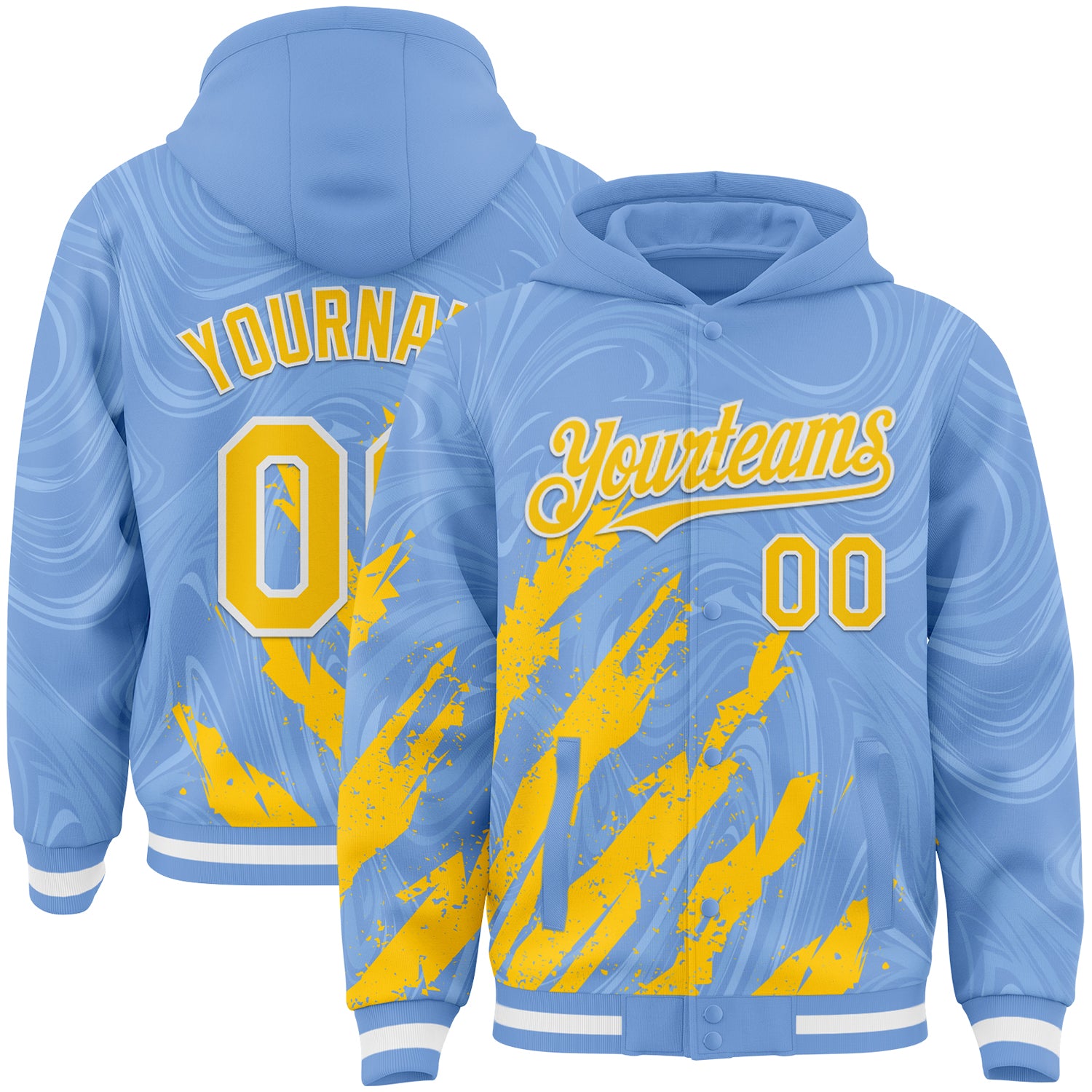 Custom Light Blue Yellow-White Splash Bomber Full-Snap Varsity Letterman Hoodie Jacket