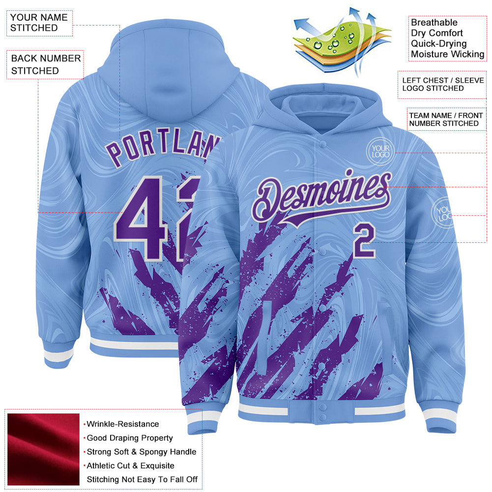 Custom Light Blue Purple-White Splash Bomber Full-Snap Varsity Letterman Hoodie Jacket