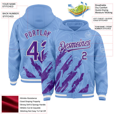 Custom Light Blue Purple-White Splash Bomber Full-Snap Varsity Letterman Hoodie Jacket