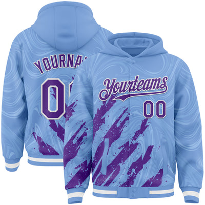 Custom Light Blue Purple-White Splash Bomber Full-Snap Varsity Letterman Hoodie Jacket