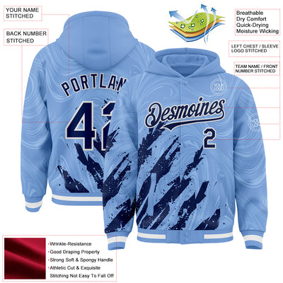 Custom Light Blue Navy-White Splash Bomber Full-Snap Varsity Letterman Hoodie Jacket
