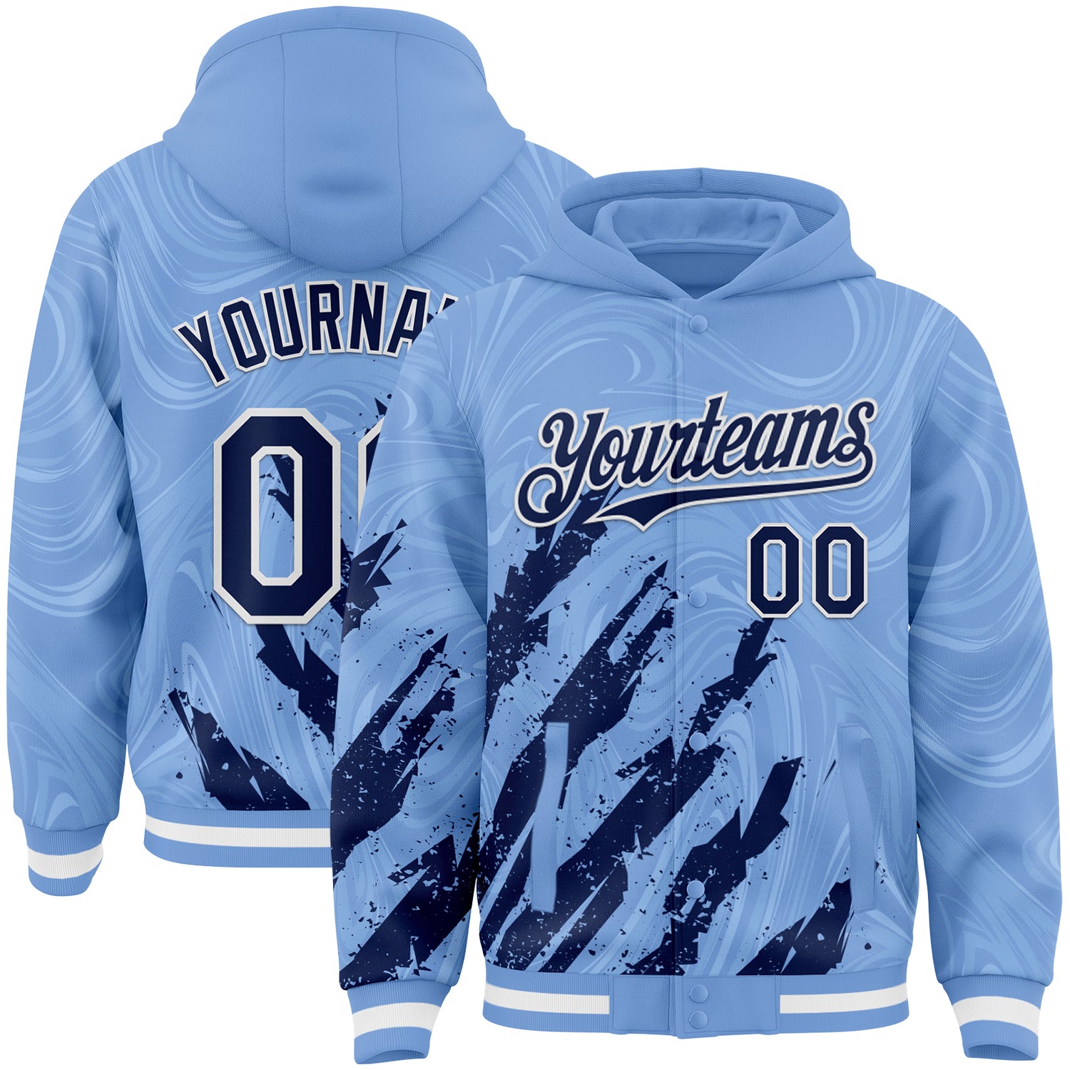 Custom Light Blue Navy-White Splash Bomber Full-Snap Varsity Letterman Hoodie Jacket