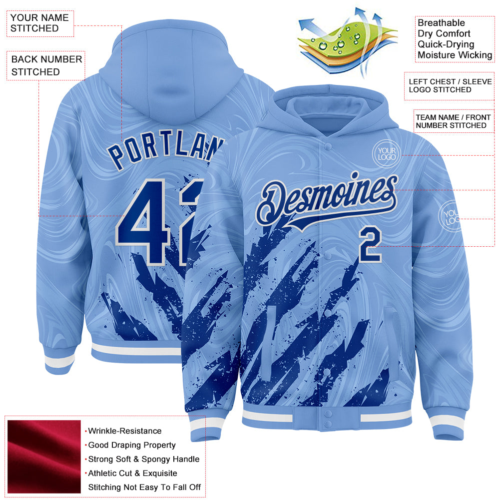 Custom Light Blue Royal-White Splash Bomber Full-Snap Varsity Letterman Hoodie Jacket