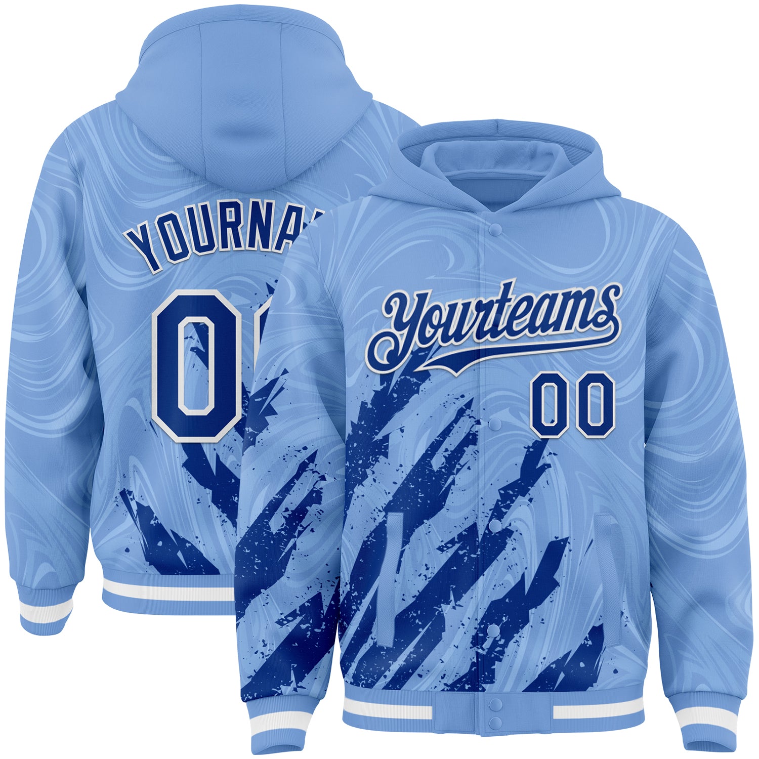Custom Light Blue Royal-White Splash Bomber Full-Snap Varsity Letterman Hoodie Jacket