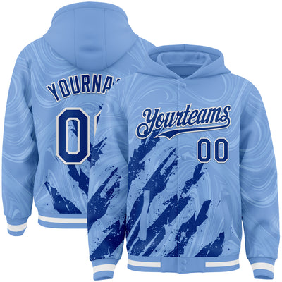 Custom Light Blue Royal-White Splash Bomber Full-Snap Varsity Letterman Hoodie Jacket