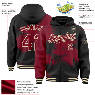 Custom Black Crimson-Cream Abstract Color Blocks Fragment Pattern Bomber Full-Snap Varsity Letterman Hoodie Jacket